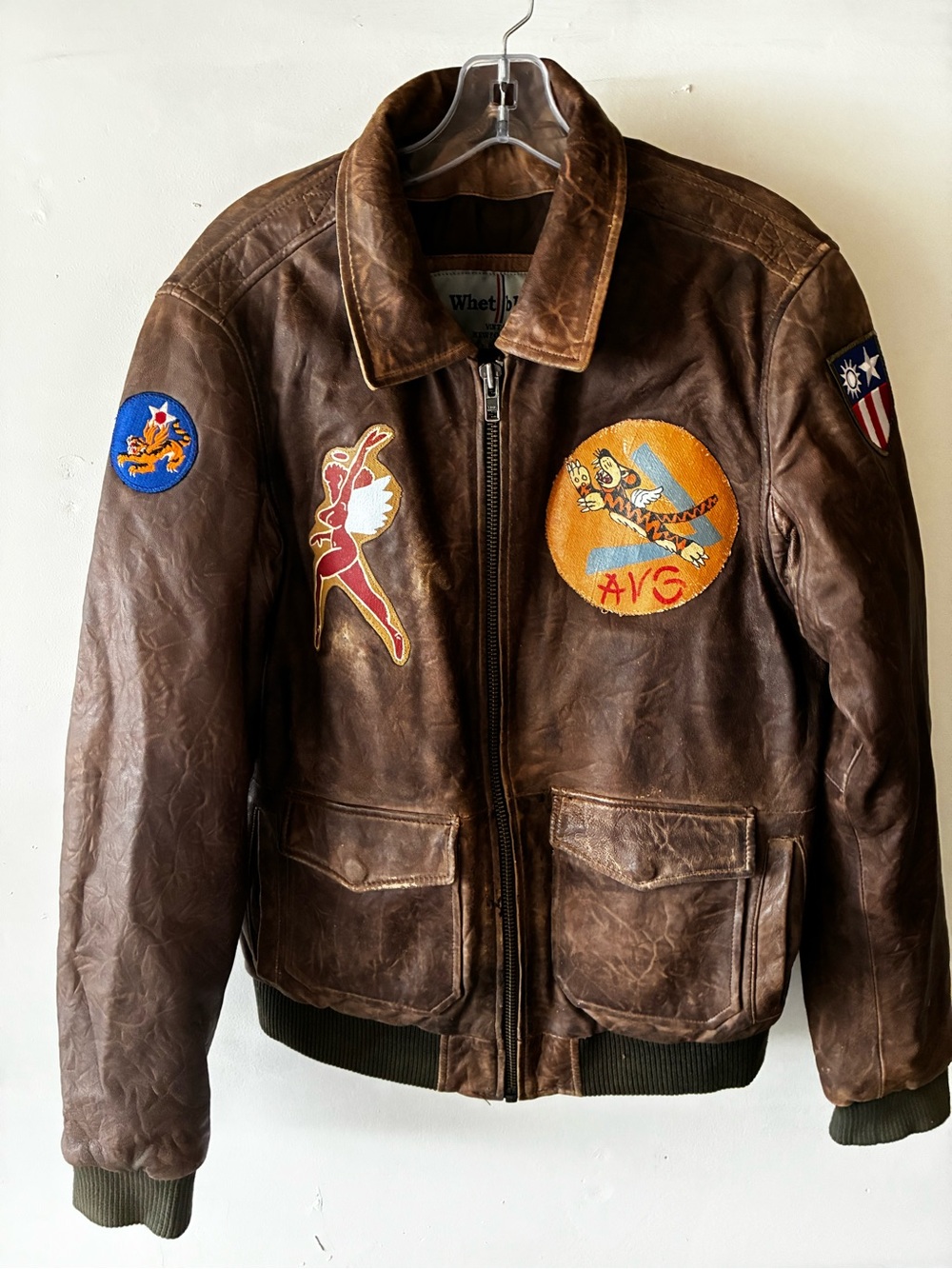 Vintage Brown Leather Flight Jacket with Patches - Flying Tigers WW2